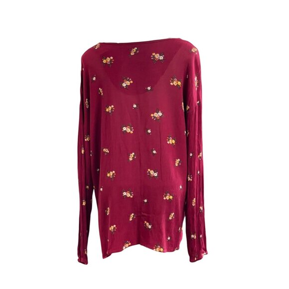 Lee Womens Floral Print Blouse Medium 100%‎ Rayon Burgundy V-Neck Long Sleeve - Picture 2 of 11